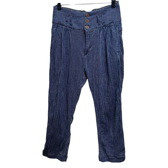 Free People Striped Pants 4 Blue White 100% Cotton High Rise Straight Leg Boho - Picture 2 of 9
